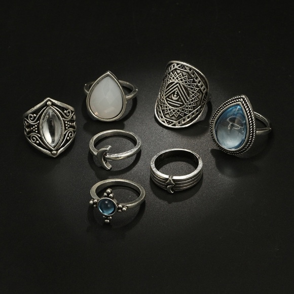 **LUCINDA* 7-Pc Silver x Blue Fashion Ring Set - Picture 8 of 10